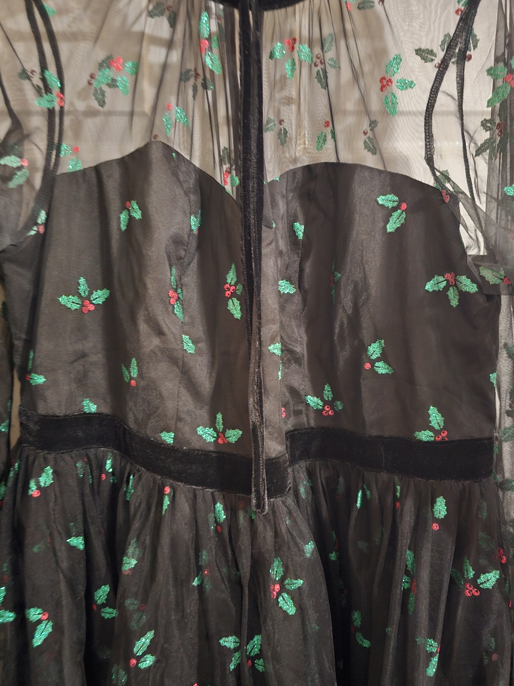 Like New 3X Unique Vintage Black & Glitter Mistletoe Flare Dress - Picture 3 of 16